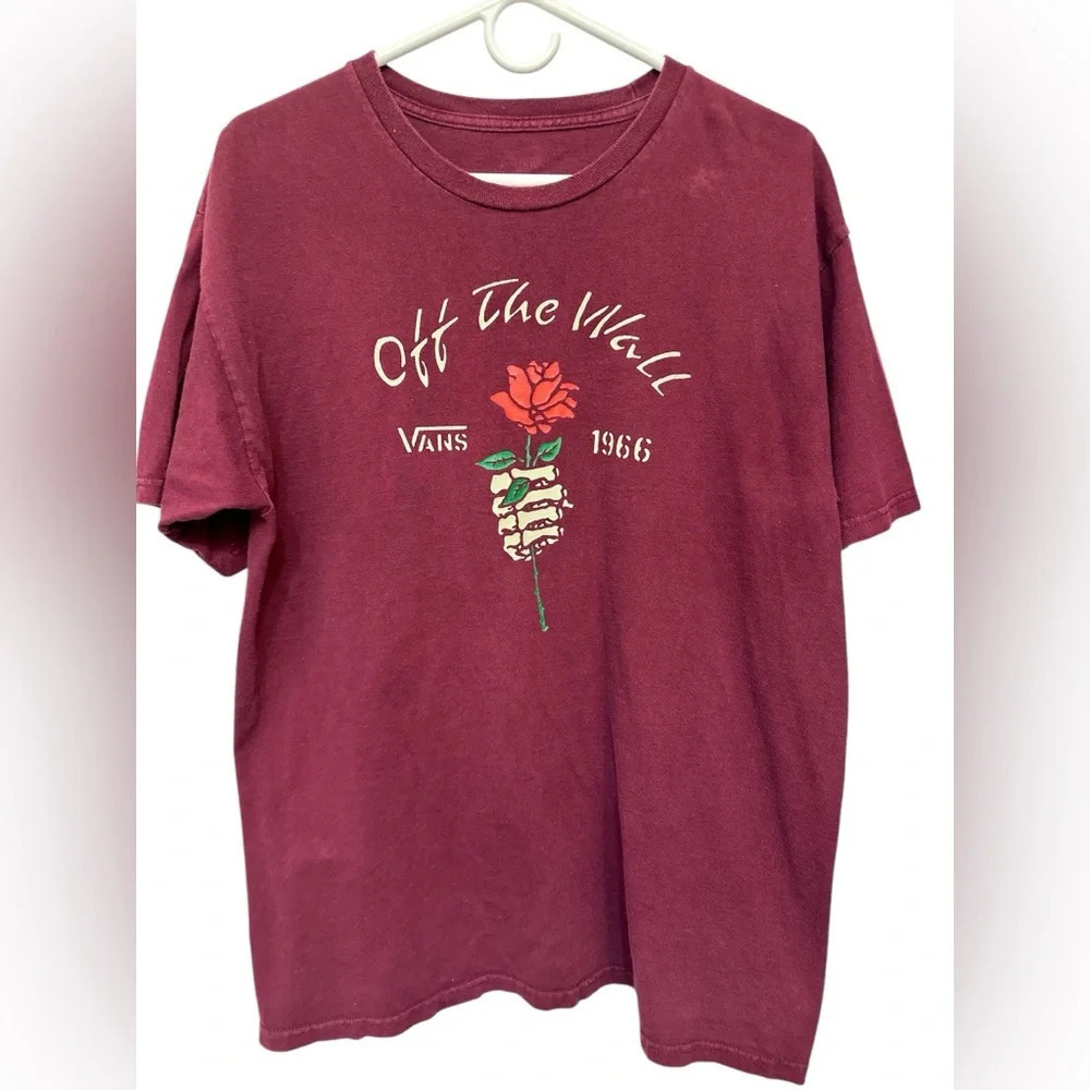 Vans Off the Wall burgundy skeleton hand rose tee shirt